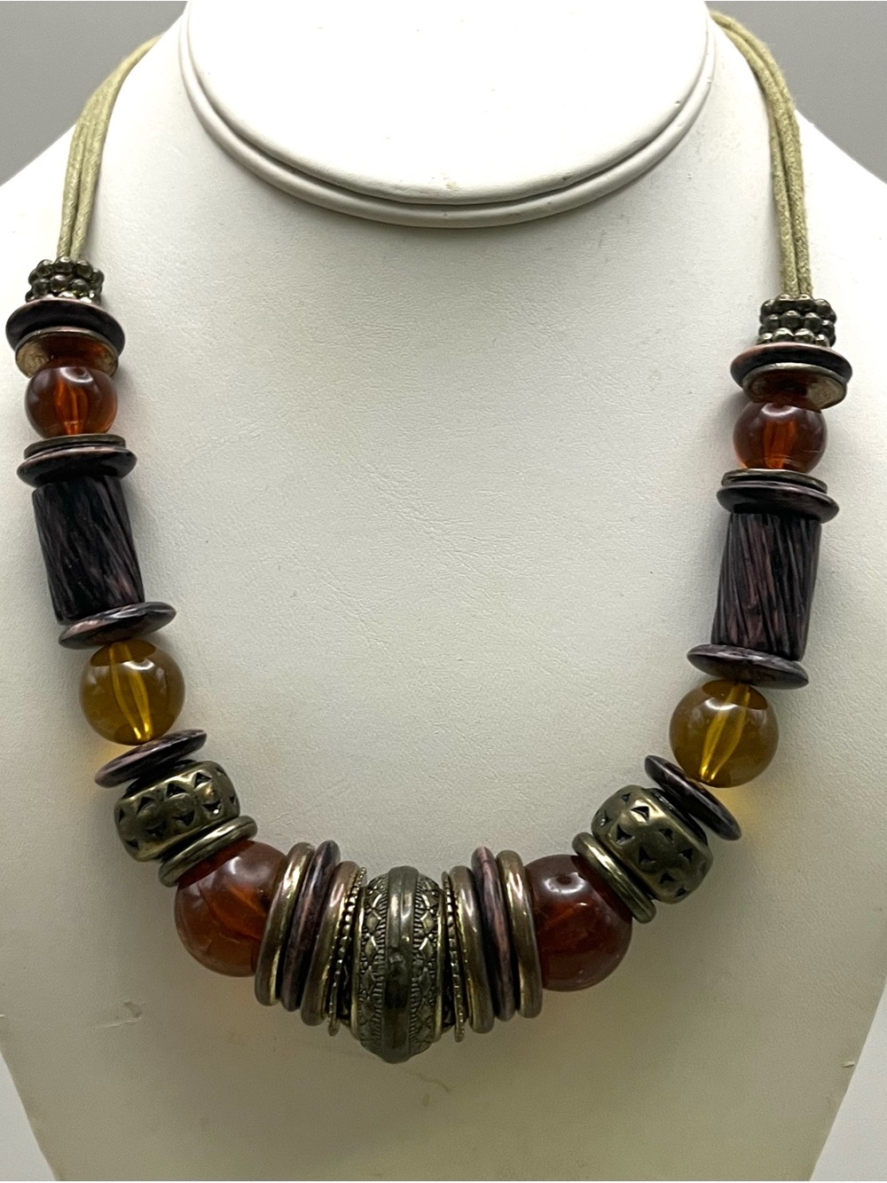 Chunky Amber Brown Beaded Statement Necklace | Boho Tribal Ethnic Cord Necklace